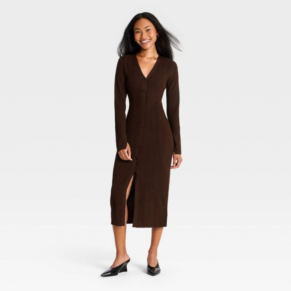 Women's Button-Up Midi Sweater Dress - A New Day Brown S